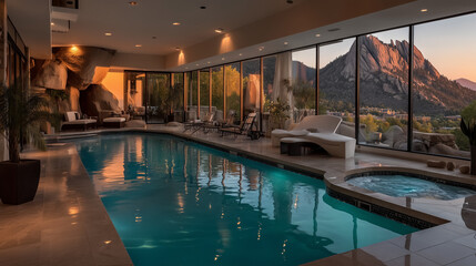 Fototapeta premium Piscine intérieure luxueuse avec vue panoramique sur les montagnes du Colorado au coucher du soleil