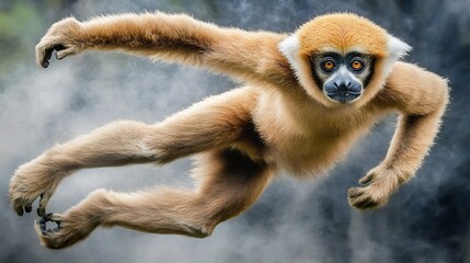 Obraz premium Gibbons golden fur focus brachiating through charcoal rainforest acrobatic grace