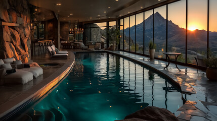 Fototapeta premium Piscine intérieure luxueuse avec vue panoramique sur les montagnes du Colorado au coucher du soleil