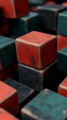 A futuristic and moody design composed of dark, translucent cubes stacked in a geometric pattern, highlighted by soft neon tones that create depth and color layering