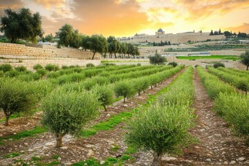 Naklejka premium A stunning view of the Old City Jerusalem with the Dome of the Rock, the Mercy Gate, and St Stephen's Gate is visible from the Mount of Olives, where olive trees are situated in the foreground, all