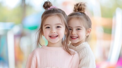 Two adorable girls, with hair in buns, smile warmly. They wear pastel pink sweaters. The photo is high-quality with soft natural lighting. Its a sweet, tender style. Soft pinks and whites create a g