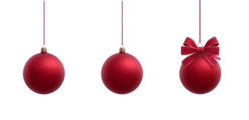 Group of 3 Isolated red Christmas ball decoration on transparent background. Christmas tree decoration with a bow. Hanging red ball. Cut out christmas glass ball.	