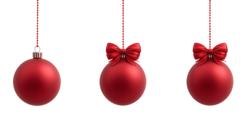 Set of 3 Isolated red Christmas balls decoration on transparent background. Christmas tree decoration with a bow. Hanging red balls. Cut out christmas glass ball.	