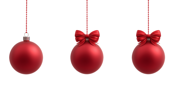 Set of 3 Isolated red Christmas balls decoration on transparent background. Christmas tree decoration with a bow. Hanging red balls. Cut out christmas glass ball.	