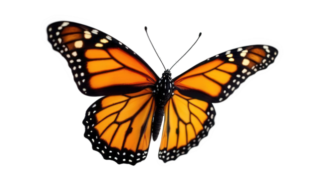 A monarch butterfly with open wings showing orange and black patterns on a black background