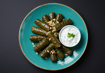 Top view of stuffed grape leaves filled with rice, herbs, and pine nuts, served with tzatziki on a teal porcelain plate. Professionally styled and centered over a black backdrop.