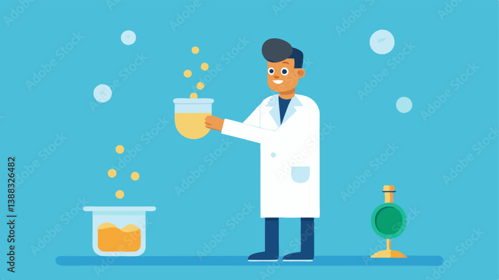 Poster digital lab an illustration of a scientist in a lab coat holding a beaker filled with sparkling coin