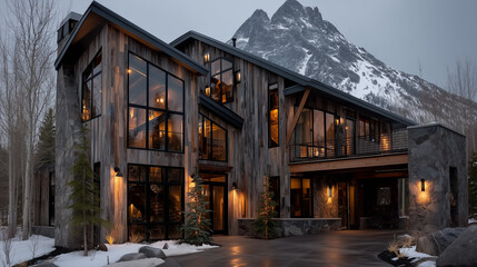 Chalet de luxe dans les montagnes du Colorado au coucher du soleil
