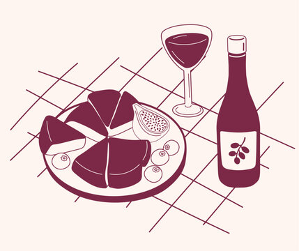 wine bottle, glass, food on table clip art preview