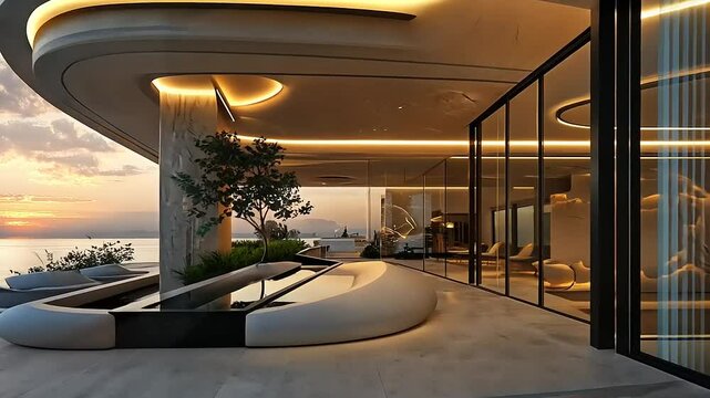 Modern architectural marvel with sleek design, poolside lounge, and sunset view over the ocean