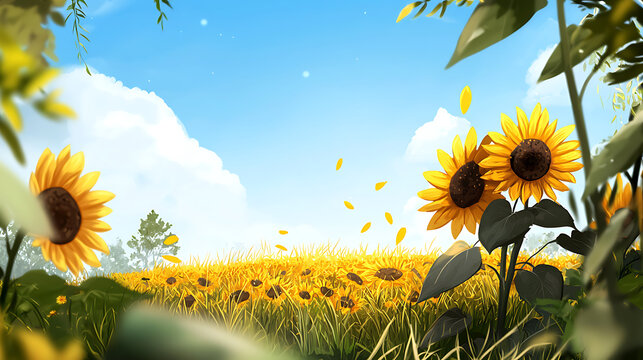 A field of yellow flowers with a blue sky in the background. Generated using AI.