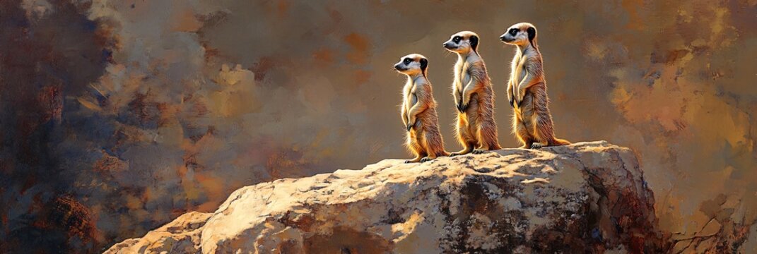 A Curious Family of Meerkats Observing Their Surroundings from a Rocky Perch - Powered by Adobe