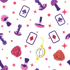 Wonderland pattern elements roses, rabbit, Cheshire cat, flamingo cards hat cup and mushrooms and clock