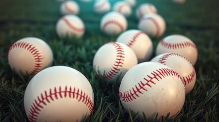 Close up Macro of Baseballs on a Grassy Field, Warm Light