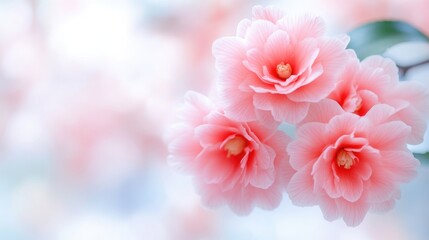 Pink Camellia Blossoms Soft Focus, Delicate Petals, Dreamy Style, High-Quality Soft Lighting, Close-up View, Gentle Texture, Springtime Bloom, Blurred Garden, Pastel Hues, Ideal for Greeting Cards