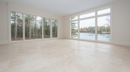 Fototapeta premium Spacious, light-filled room with large windows overlooking a serene lake. Natural light floods the open-concept space with a modern, minimalist feel. High-quality, light beige,