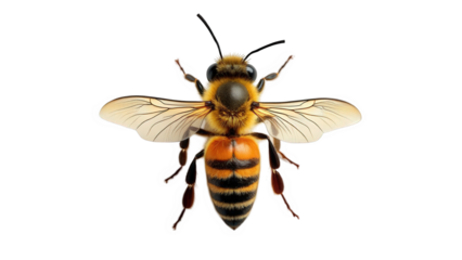 A top down view of a bee with its wings spread out on a black background showing its body details