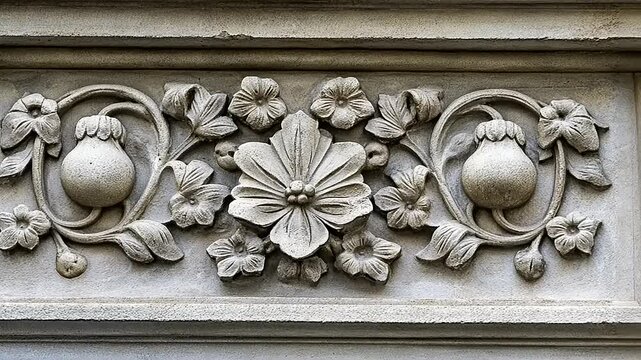 Intricate stone floral relief featuring blossoms and fruits on an architectural facade - Powered by Adobe