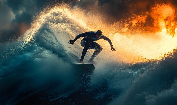 Surfer riding a powerful wave at sunset capturing the adrenaline rush