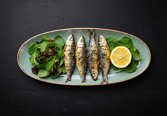 grilled sardines with citrus and herbs, artfully arranged with salad greens on a long ceramic dish. Centered composition, professionally lit on deep black in sharp HD.