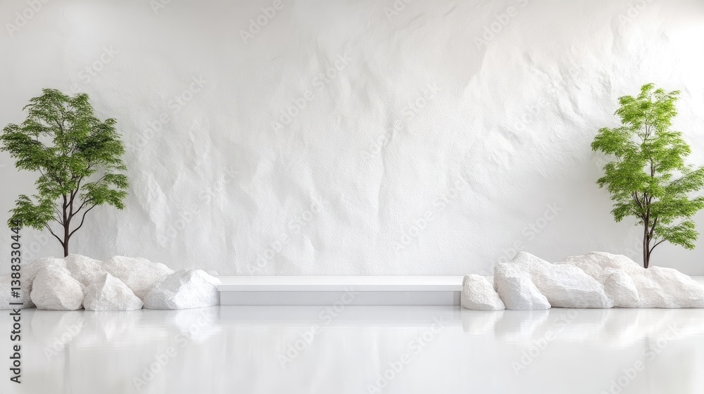 Poster white platform with trees and rocks minimalist style high-resolution lighting centered composition t