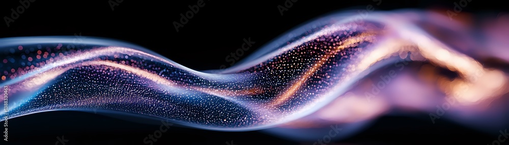 Poster glowing particles forming smooth wave pattern against black background, luminous pink and blue light
