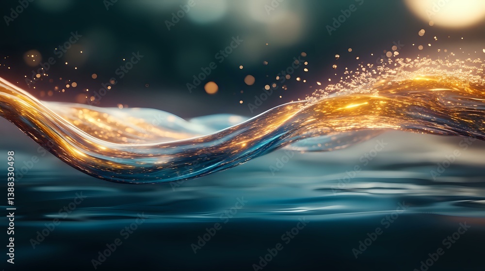 Poster magical water wave with glowing golden light trails and splashing droplets against dark blue ocean b