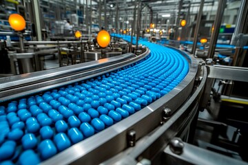 Naklejka premium A row of blue eggs travels smoothly on a conveyor belt in a busy food processing plant. Workers interact with machinery, ensuring efficient production during the day