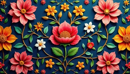 Intricate floral textile design, repeating motif , aesthetic, pattern, graphic