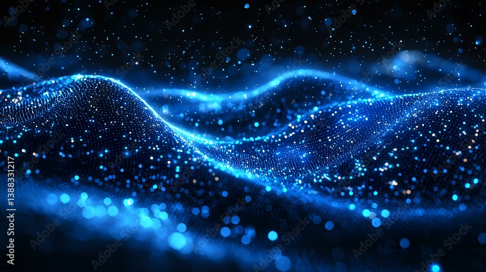 Poster glowing blue wave of particles flowing through dark space with bokeh light effects and sparkling dot
