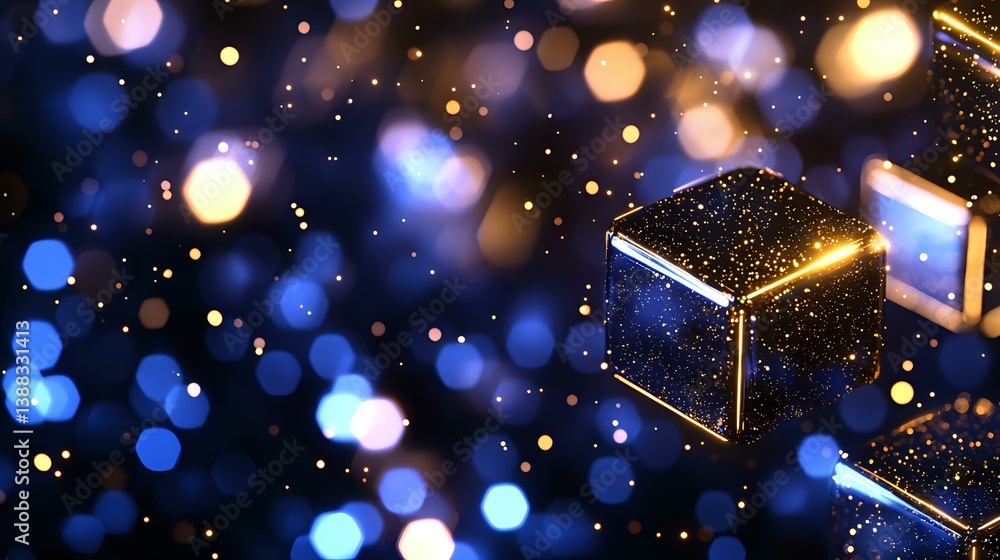 Poster glowing geometric cubes float in dark space with magical bokeh lights and sparkles creating mystical