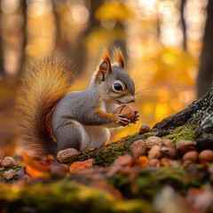 Obraz premium Autumn Squirrel Gathering: A charming squirrel, captured in a soft-focus image, cradles a nut amidst a tapestry of autumnal leaves. The image embodies nature's warmth, detail, and vibrancy.
