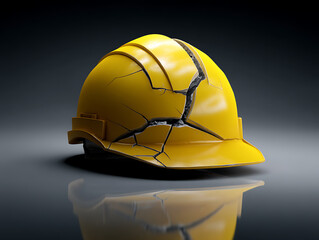 Cracked Yellow Safety Helmet: Illustrates workplace hazards, safety, and potential risks. Symbol of protection failure. Emphasizes accident prevention.