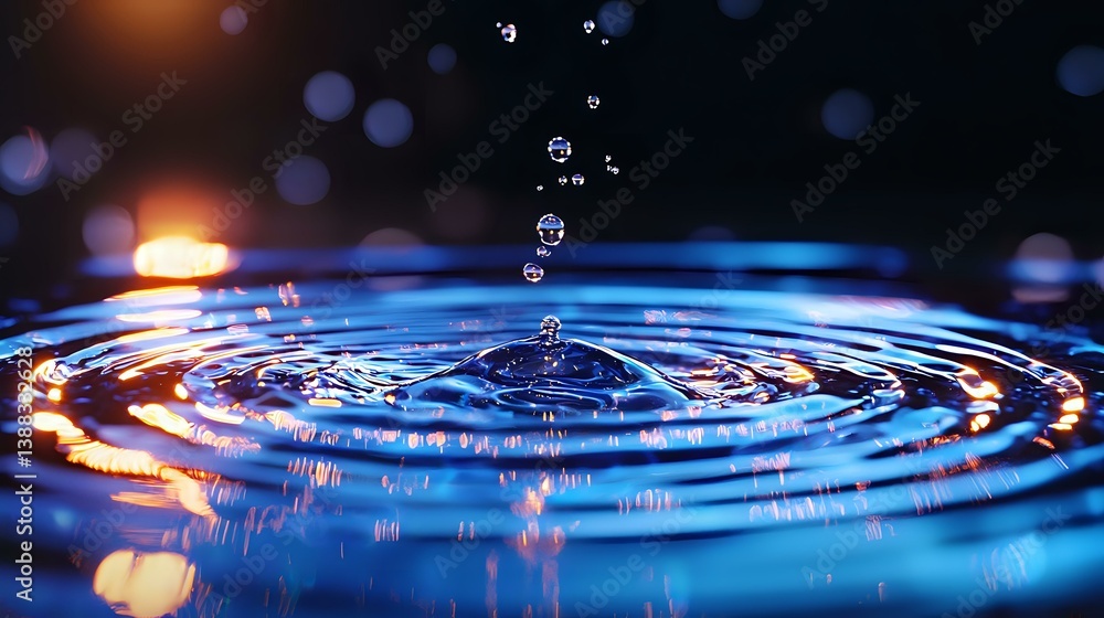 Poster water drop falling into blue liquid creating concentric ripple circles with orange and golden light 