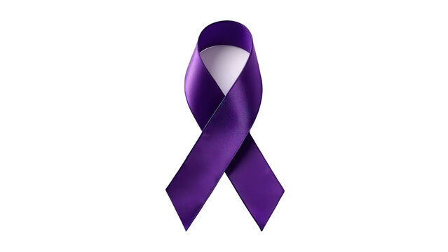 A purple ribbon with a white center on a black background symbolizing awareness and support for a cause