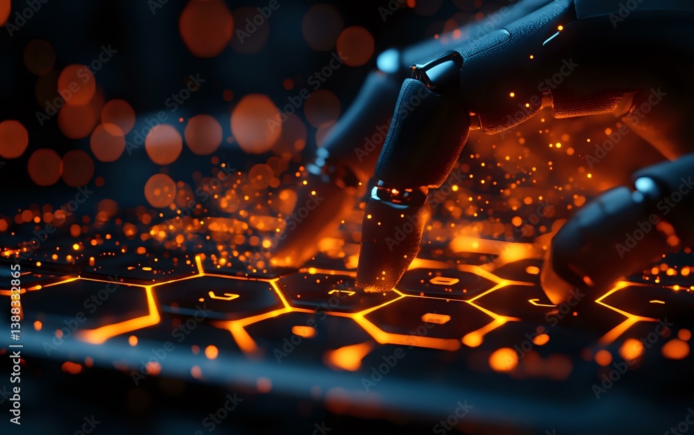 Poster glowing hexagonal keyboard with orange backlight and robotic fingers typing in dark atmosphere with 