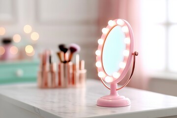 Vanity mirror with lights on a marble countertop in a bright room with a beauty product display in the background. stylish pink vanity mirror with lights on a marble countertop in a well lit bathroom