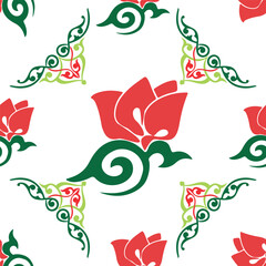 Floral pattern Tatar Native Ornamental border with tulips. Culture of the Tatar people, symbols of green and red