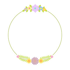 Round floral wreath of decorative whimsical flowers, leaves, simple frame design element for wedding, birthday, card, background, invitation, sticker, decoration