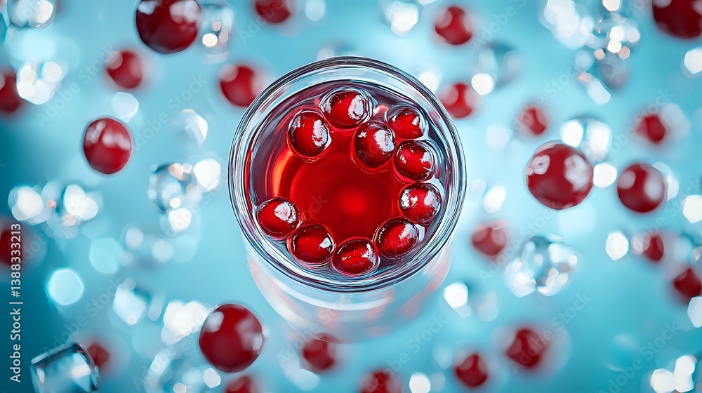 Poster red liquid drops floating in glass container against turquoise background with bokeh effect creates 