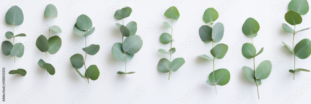 Poster eucalyptus leaves arranged in a structured flat-lay on a soft white surface showcasing fresh botanic