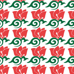 Floral pattern Tatar Native Ornamental border with tulips. Culture of the Tatar people, symbols of green and red