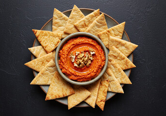  roasted red pepper dip with walnuts served in an earthy bowl, paired with golden pita chips. Centered and isolated on solid black for a bold, high-definition food display.