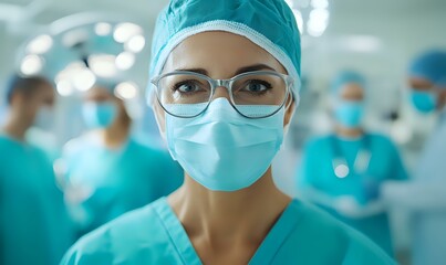 Female surgeon wearing protective mask and glasses in operating room with medical team performing surgery in background, focused professional healthcare worker.
