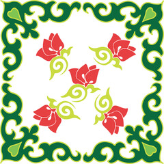 Floral pattern Tatar Native Ornamental border with tulips. Culture of the Tatar people, symbols of green and red