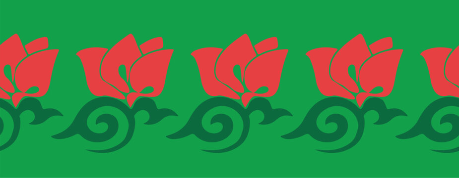 Floral pattern Tatar Native Ornamental border with tulips. Culture of the Tatar people, symbols of green and red