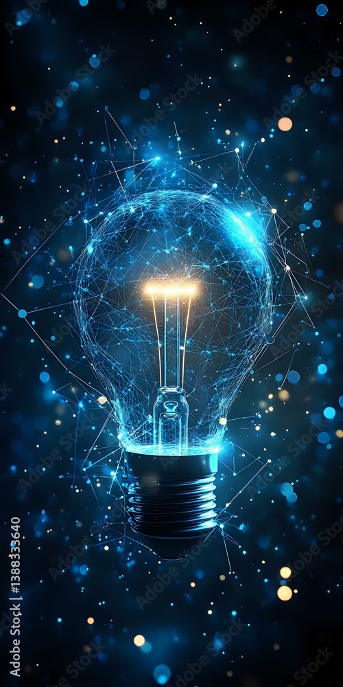 Poster glowing lightbulb surrounded by digital network connections and particles on dark background with bl