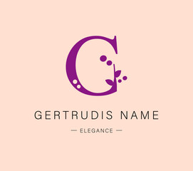 Logo, capital letter G. Monogram of Botanical Minimalistic, Initial. with Organic Plant Elements. Vector design. for tattoo studio