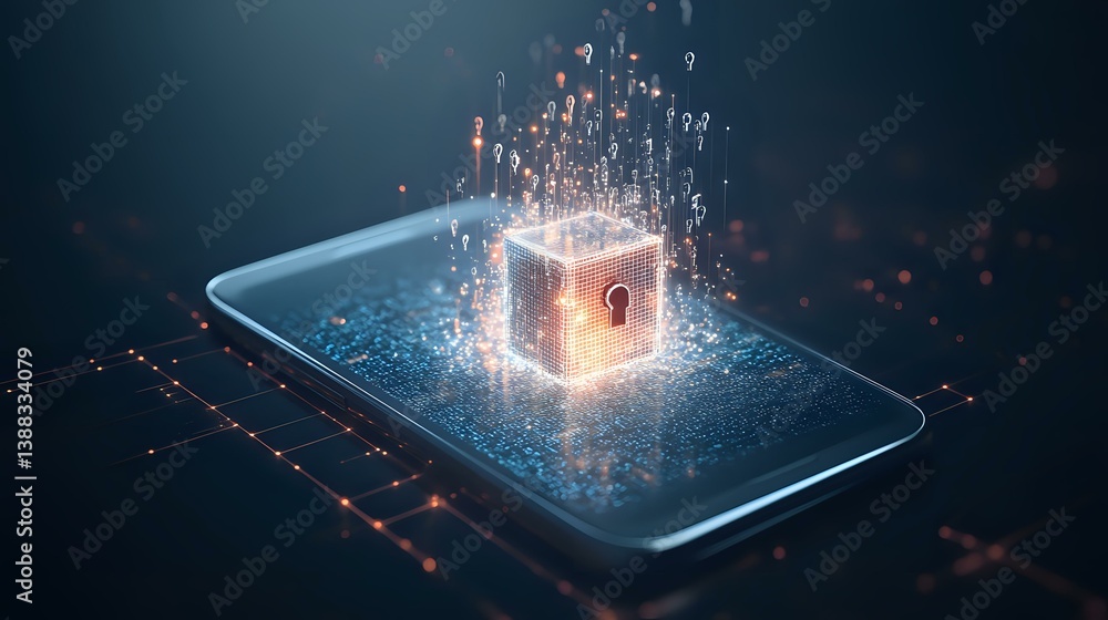 Poster glowing padlock cube emerging from smartphone screen with digital particles and light effects, repre